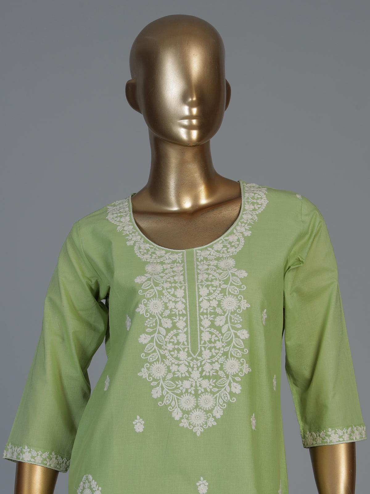 Light green linen kurti set with dupatta and straight cut