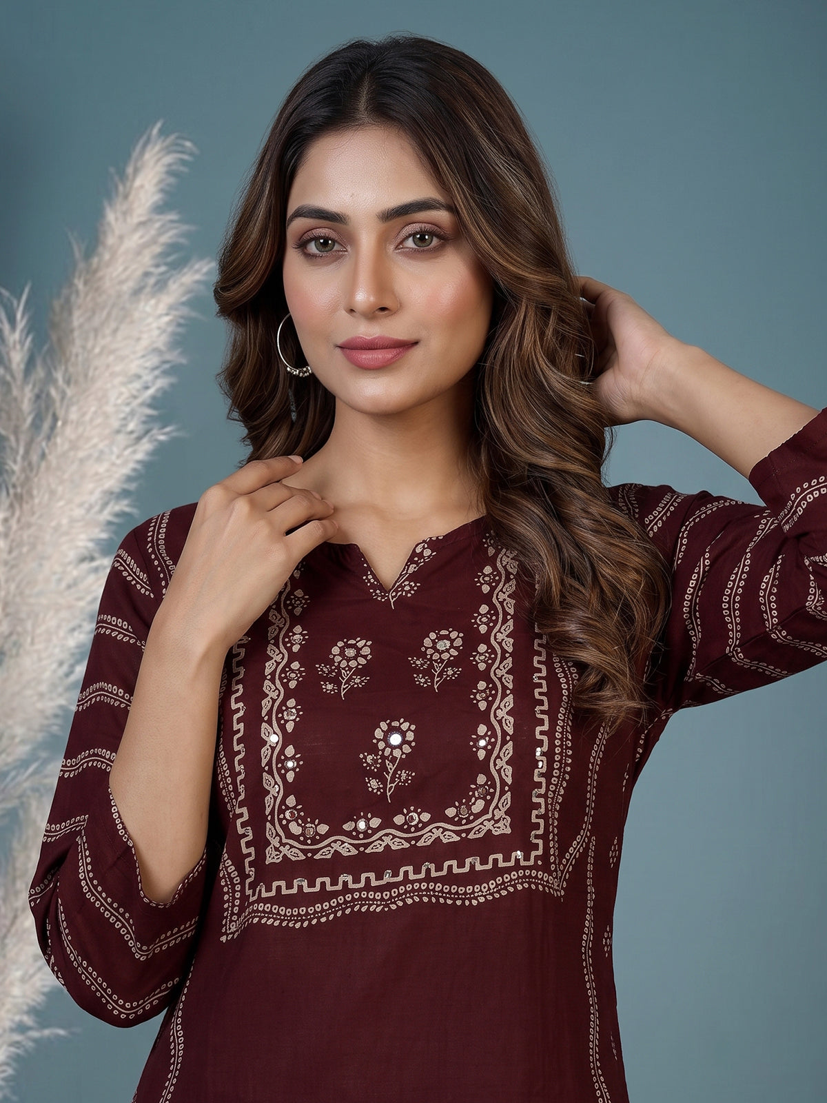 Wine silk kurti set with printed dupatta and stylish pants
