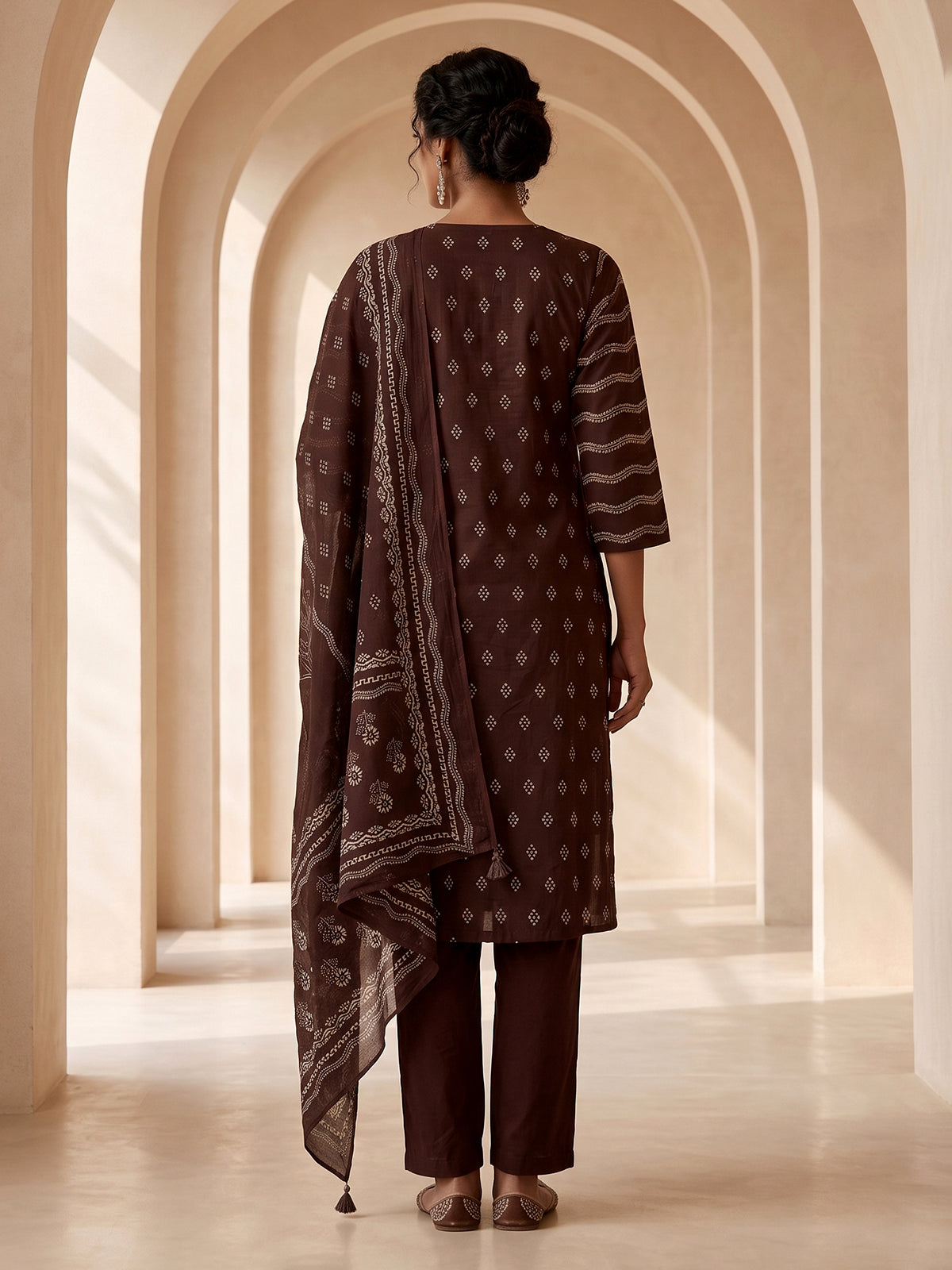 Coffee brown silk kurti set with printed dupatta and pants