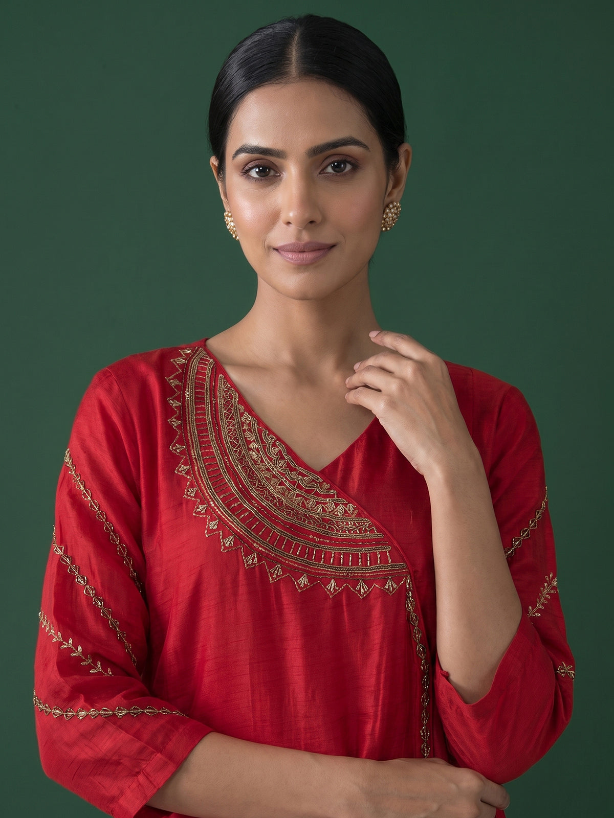 Red silk anarkali salwar suit with dupatta and elegant pant style