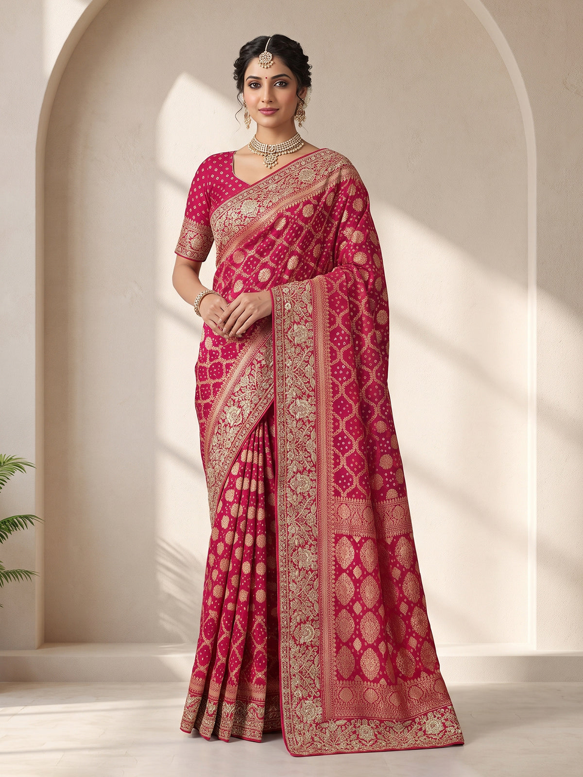 Rani pink georgette designer saree with festive elegance