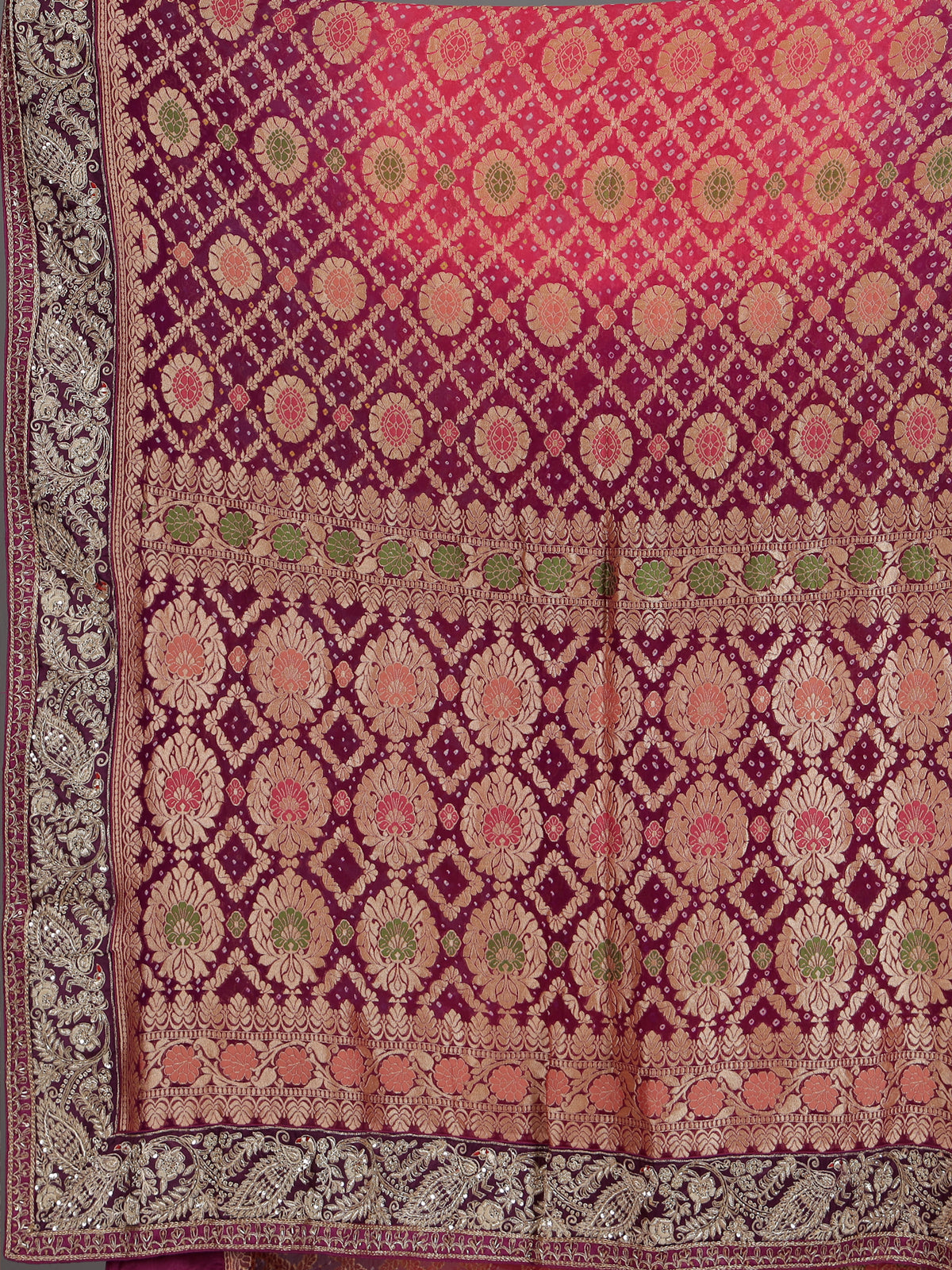 Red printed shaded dola silk saree for grand festive occasions
