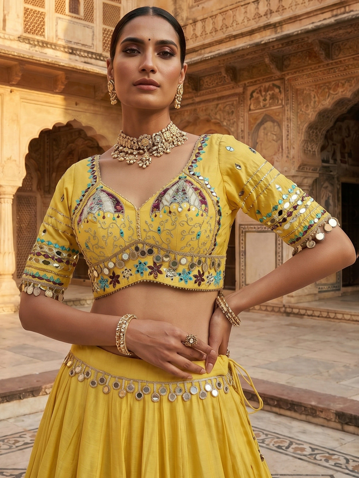 Yellow embroidered navratri wear lehenga choli