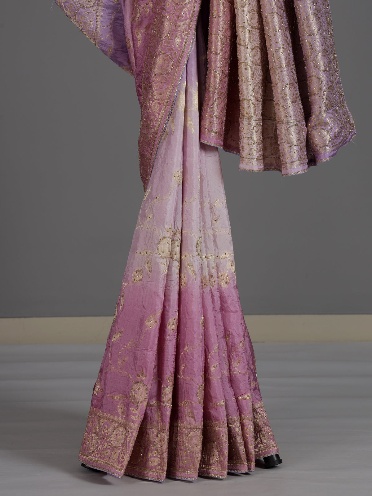 Light purple dola silk designer saree with festive shimmer work