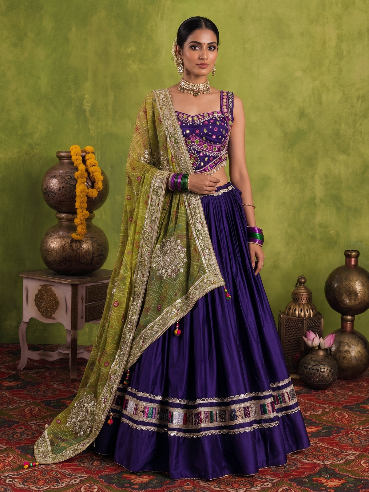 Deep purple cotton silk lehenga choli with bandhani dupatta for women