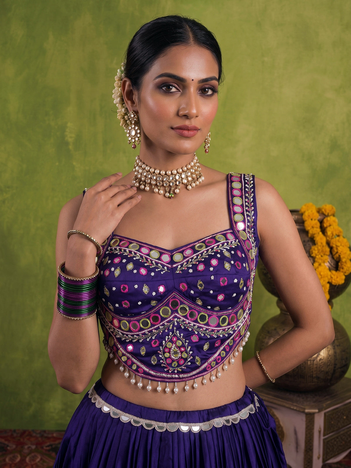 Deep purple cotton silk lehenga choli with bandhani dupatta for women