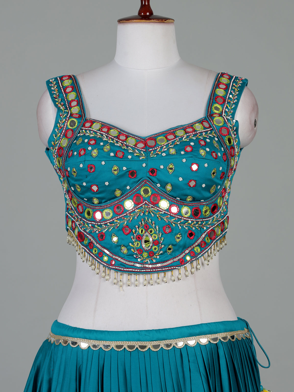 Teal blue mirror work lehenga choli for navratri outfit
