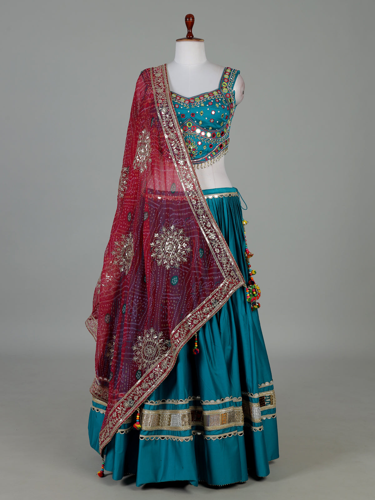 Teal blue mirror work lehenga choli for navratri outfit