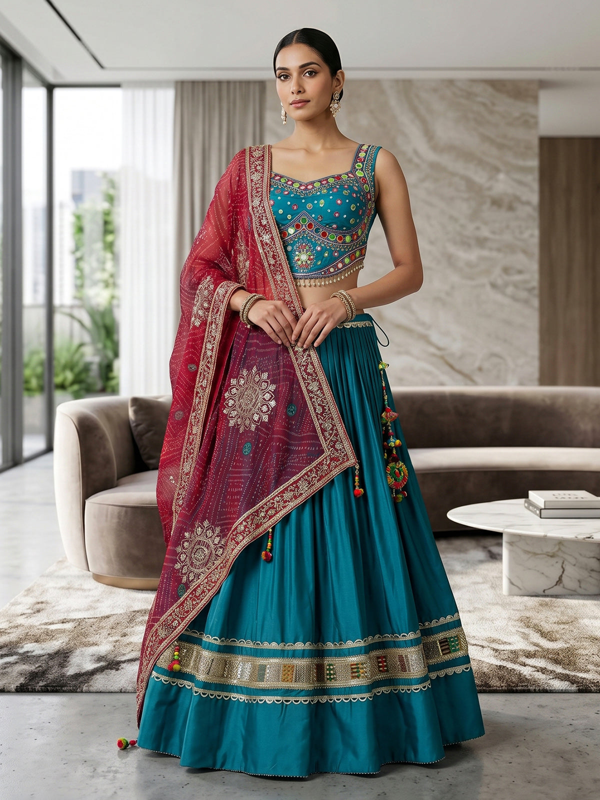 Teal blue mirror work lehenga choli for navratri outfit