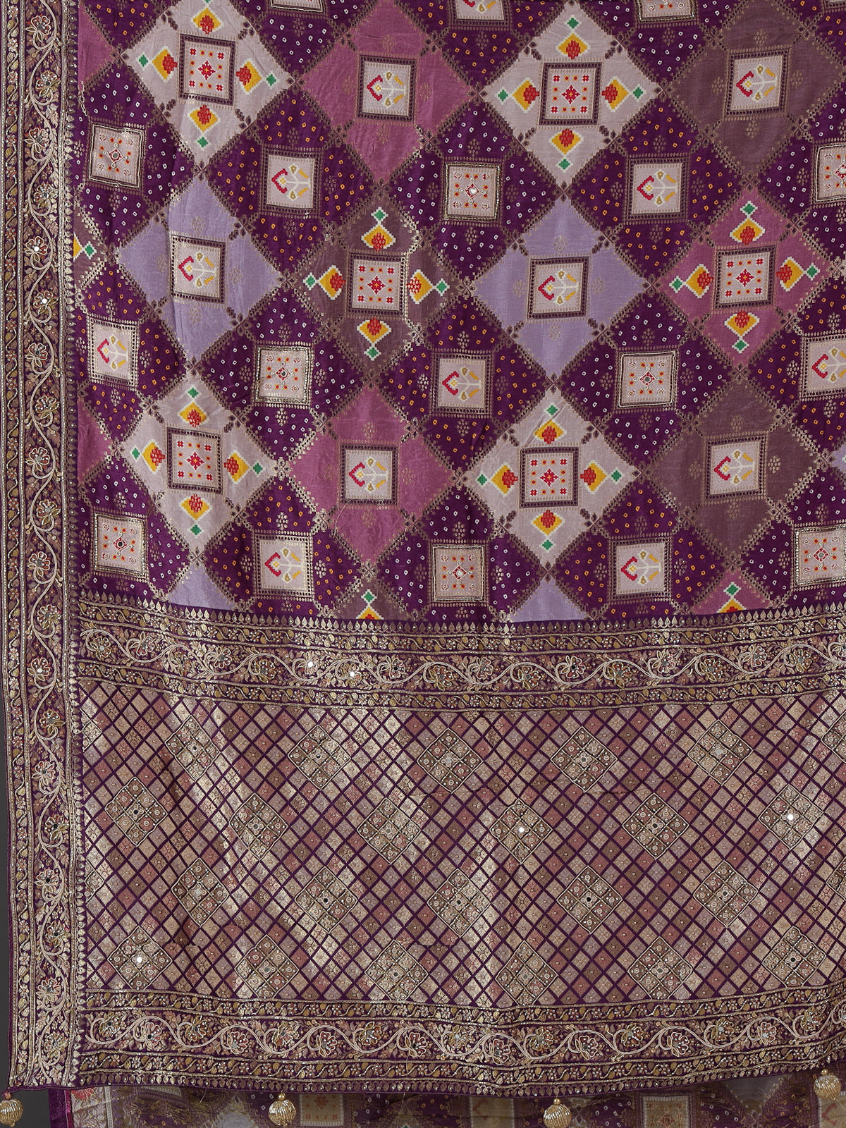 Purple bandhej printed dola silk saree with royal festive charm
