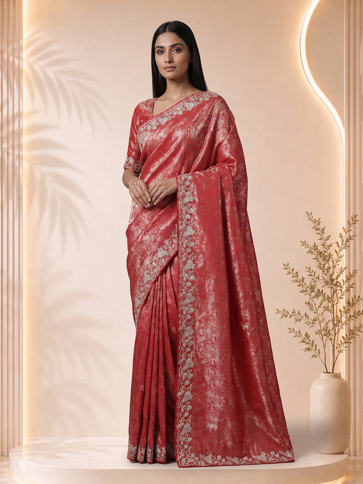 Red tissue silk designer saree with luxurious festive