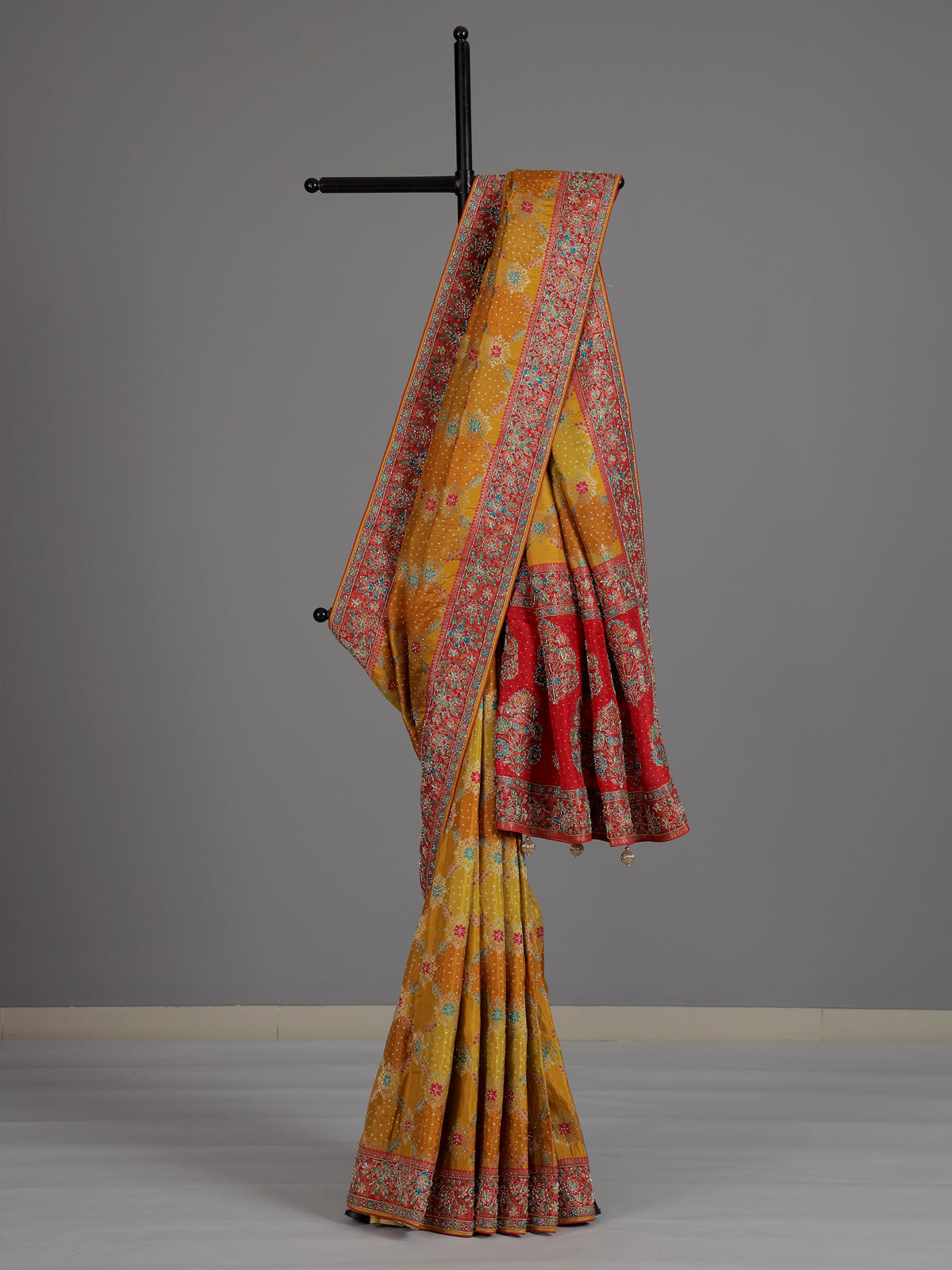 Mustard yellow printed dola silk saree for haldi celebrations