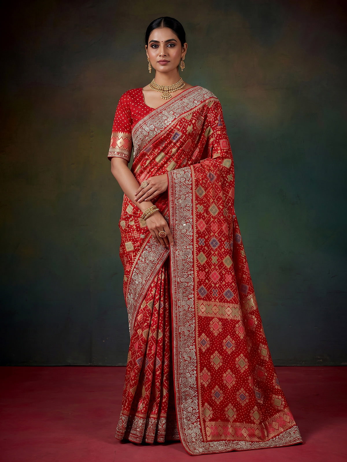 Red bandhani georgette designer saree with festive wear