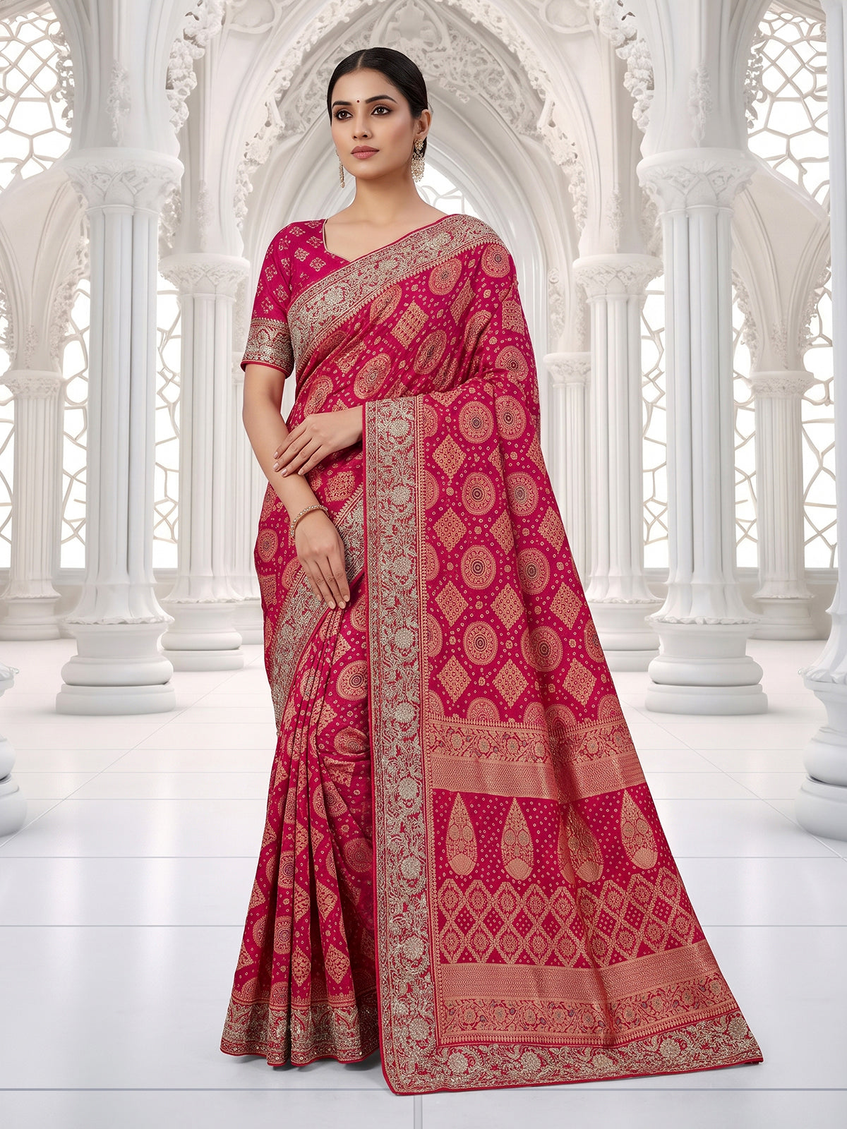 Rani pink bandhani georgette saree with traditional festive elegance