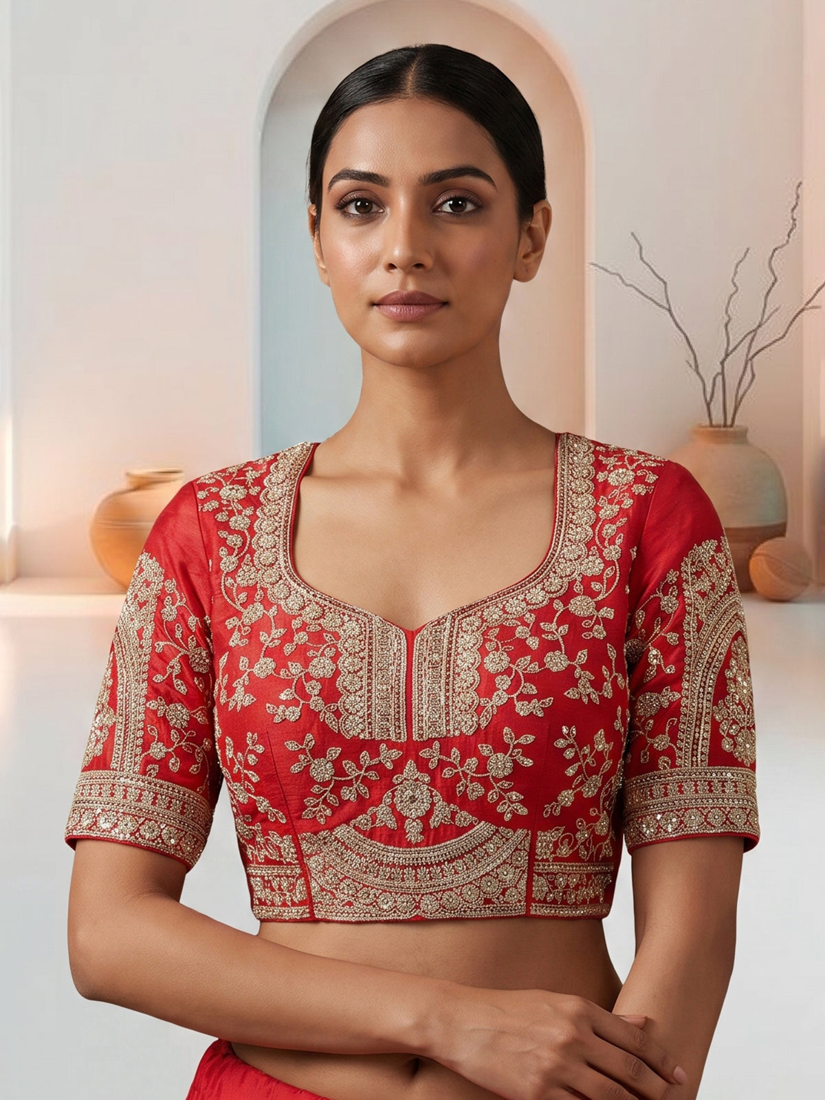 Red raw silk unstitched bridal lehenga choli with double dupatta