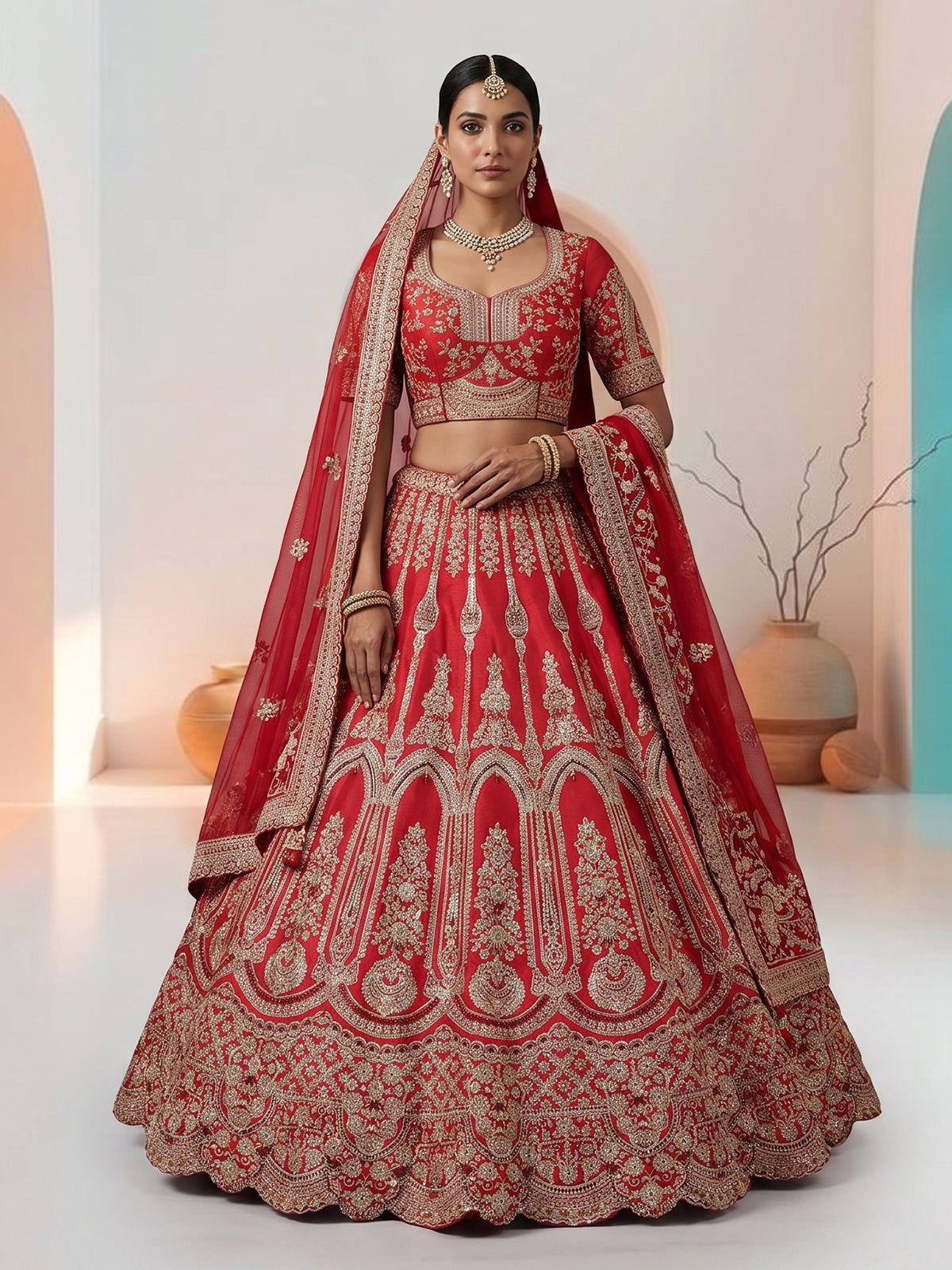 Red raw silk unstitched bridal lehenga choli with double dupatta