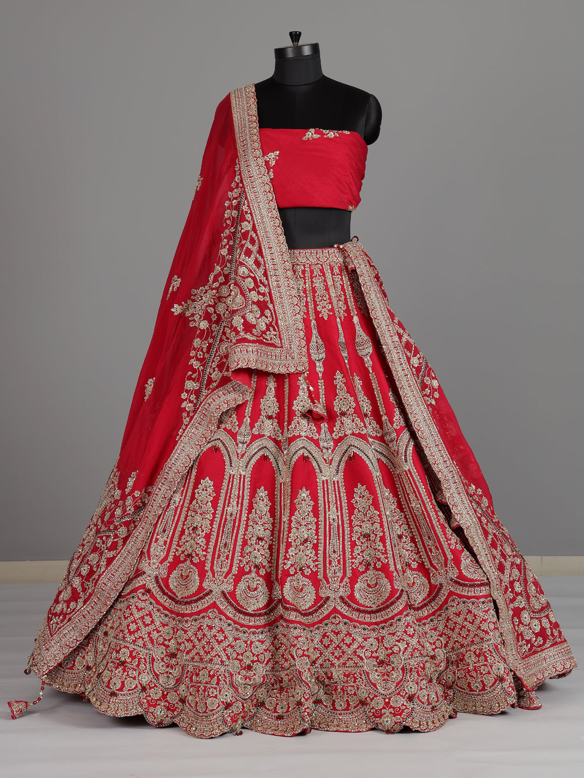 Red raw silk unstitched bridal lehenga choli with double dupatta