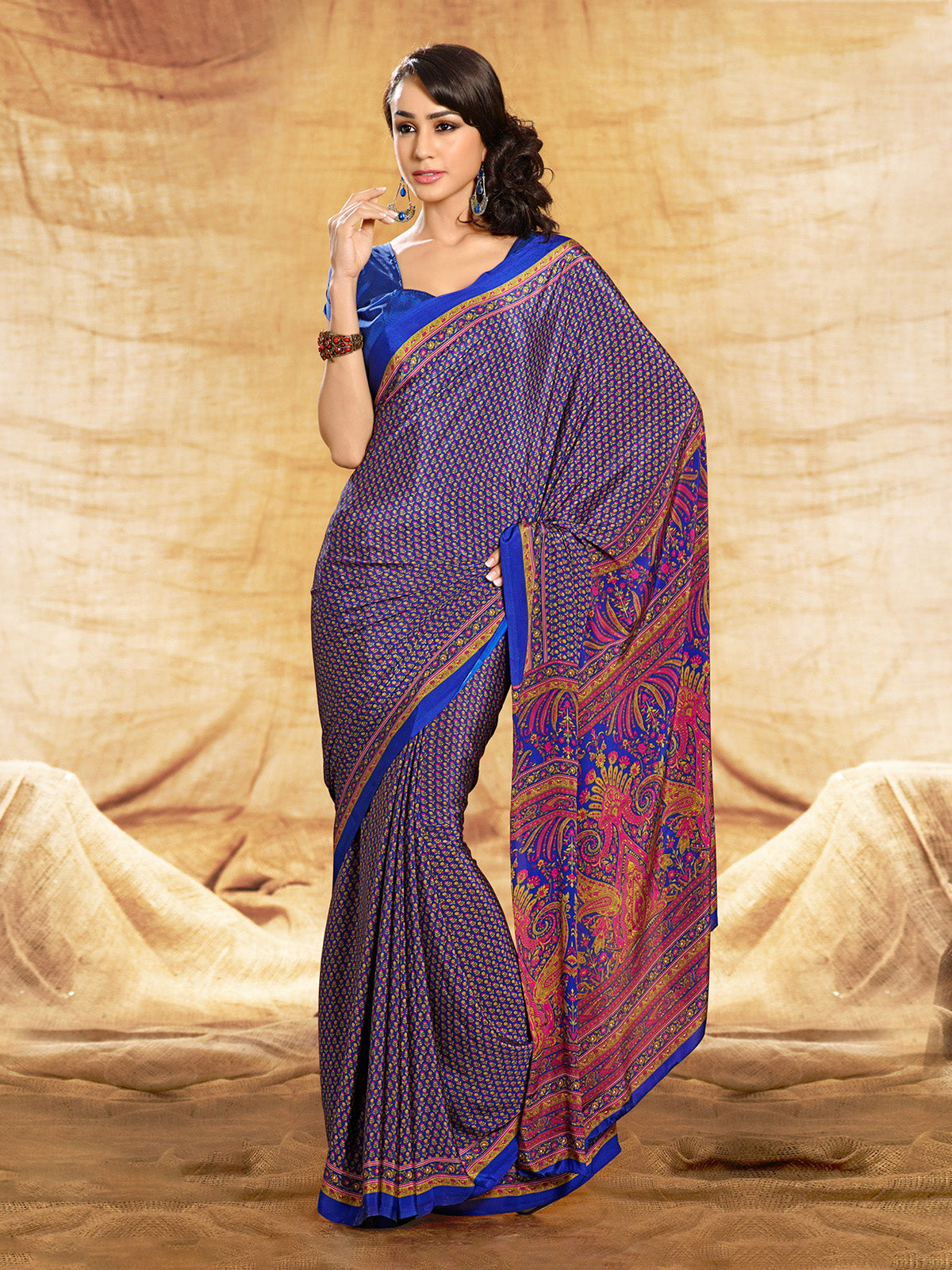 Blue crepe silk elegant printed saree for everyday casual style