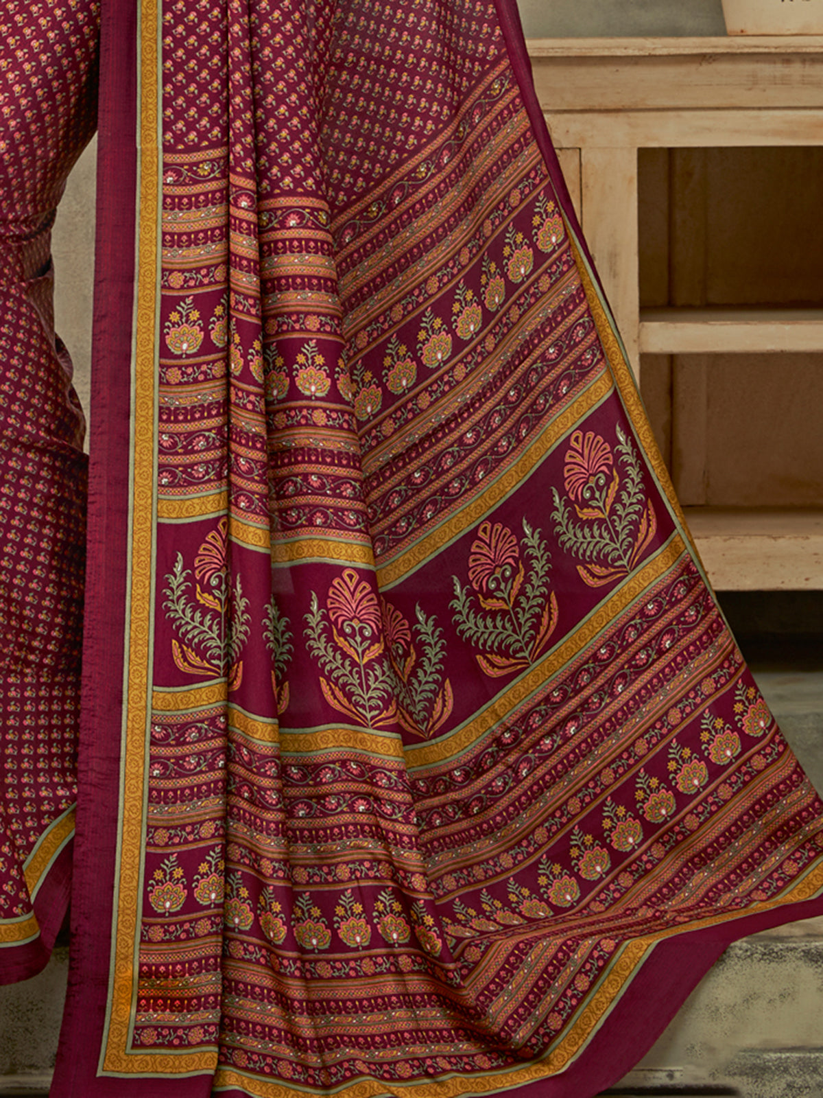 Dark maroon crepe silk graceful printed saree for casual occasions