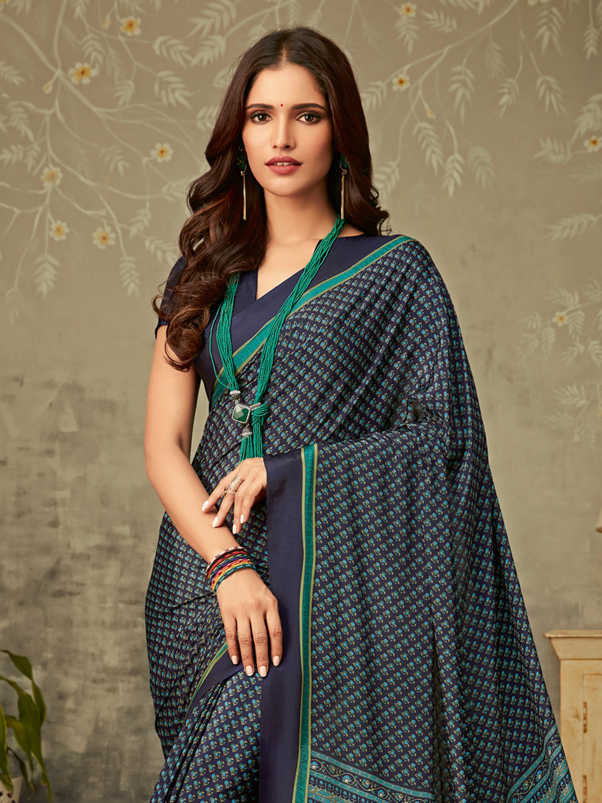Navy crepe silk contemporary printed saree for everyday ethnic fashion