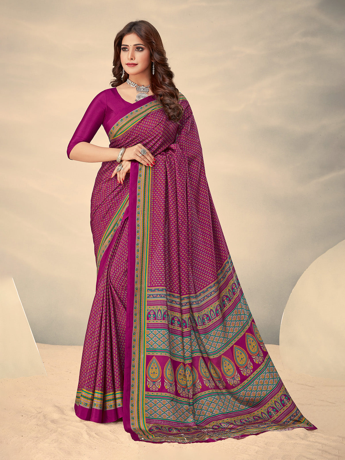 Rani pink crepe silk charming printed saree for casual elegance