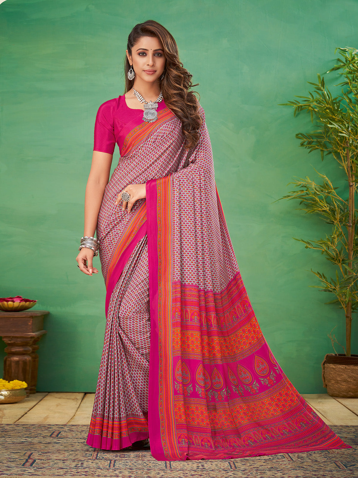Off white and magenta crepe silk designer printed casual saree