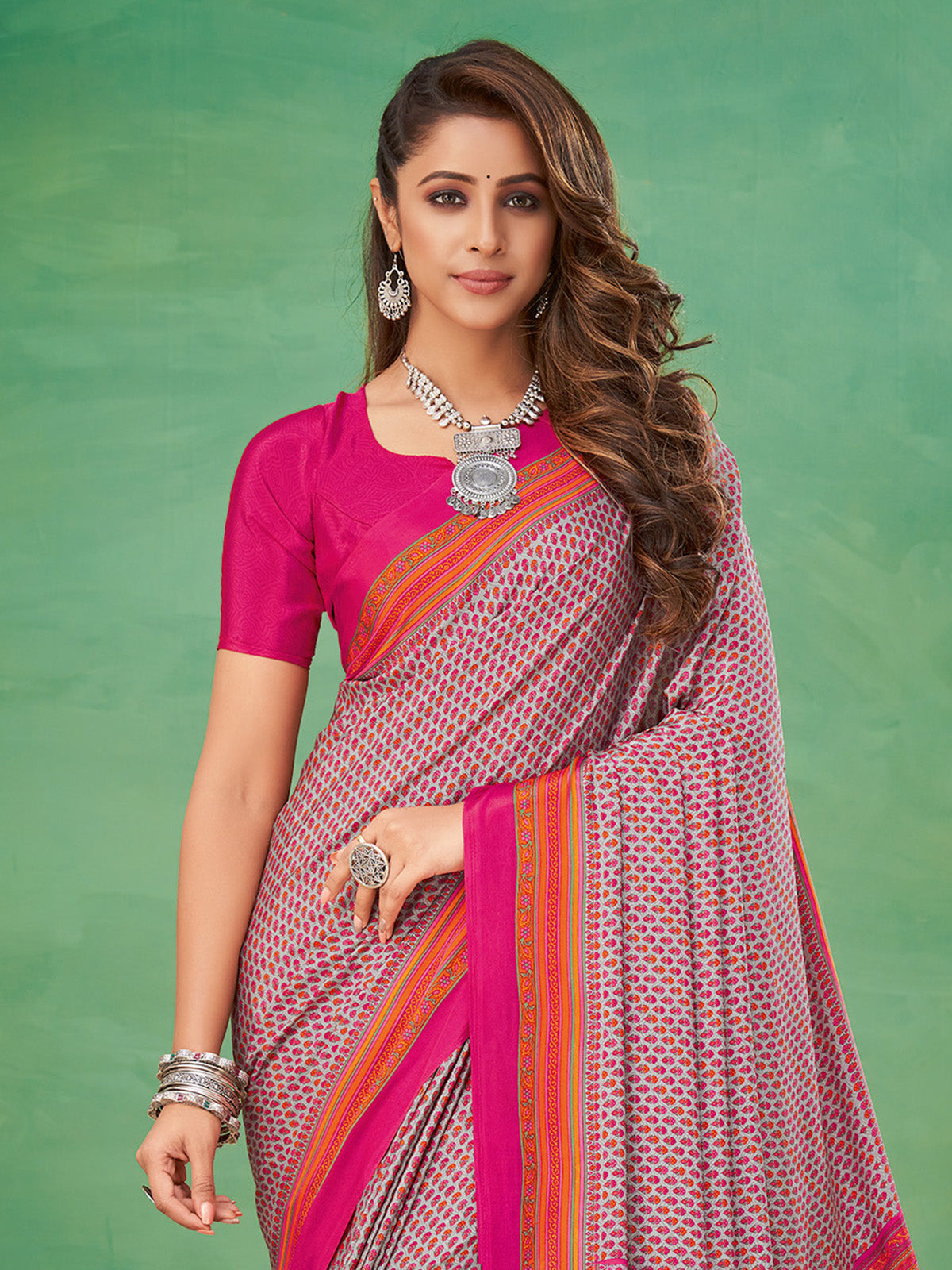 Off white and magenta crepe silk designer printed casual saree