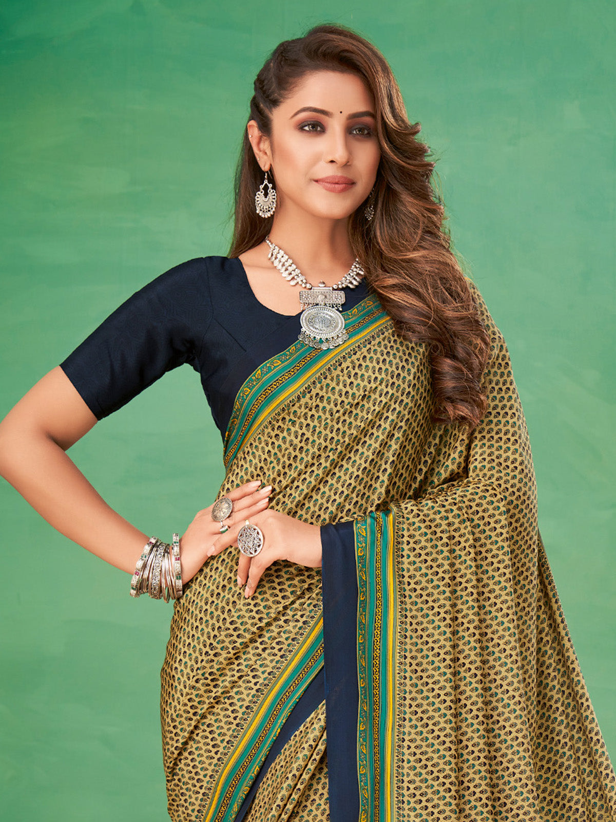 Cream and navy crepe silk elegant printed saree for casual wear