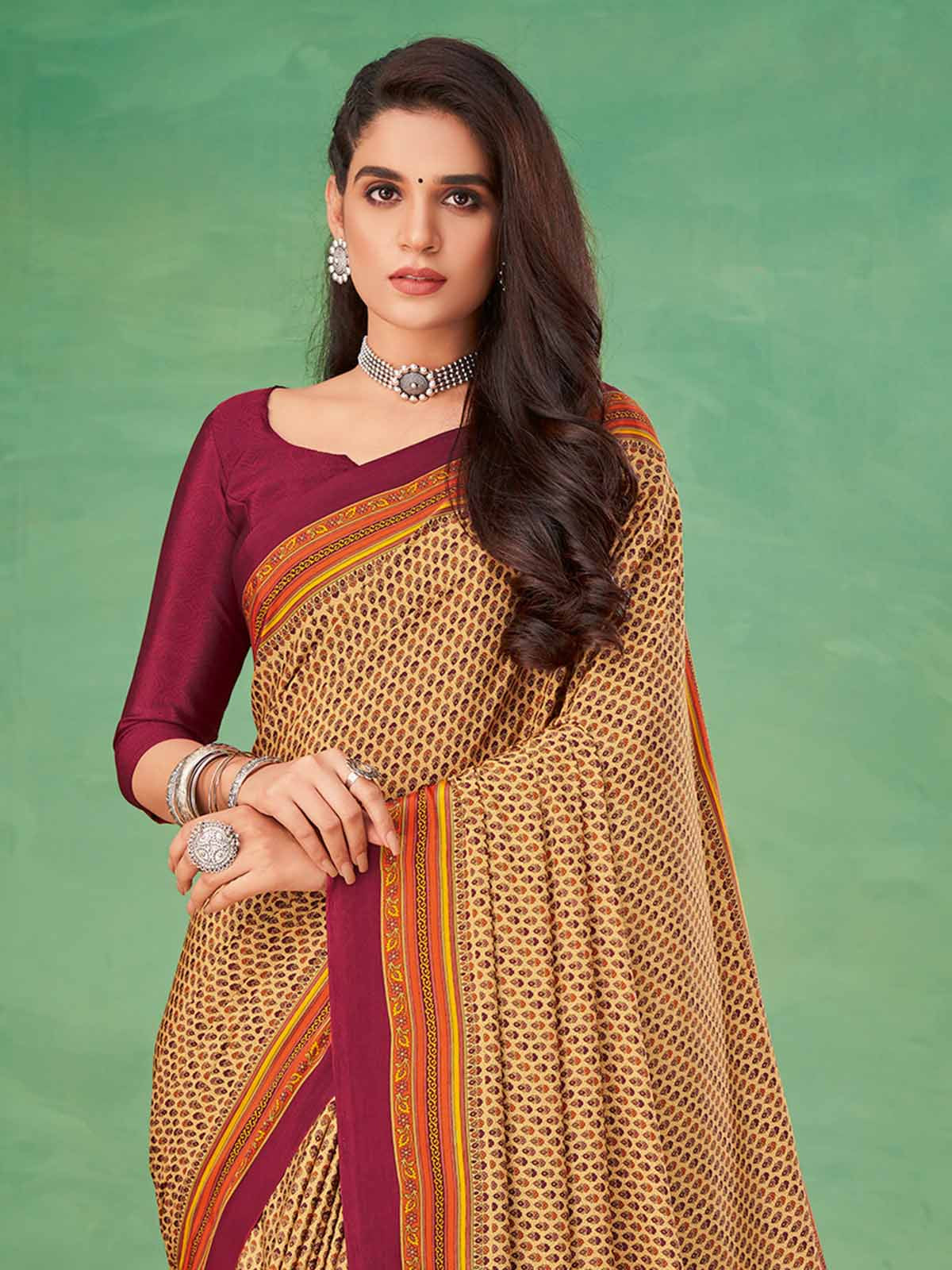 Cream and wine crepe silk beautiful printed saree for daily style