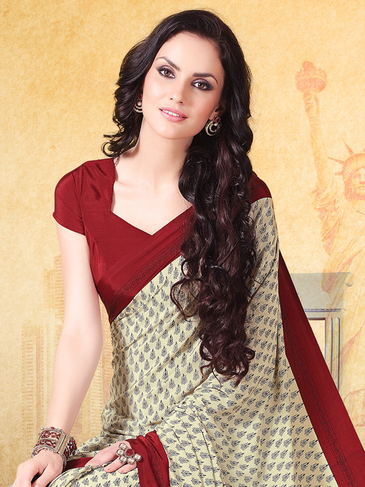 Off white and maroon crepe silk elegant saree with printed pallu