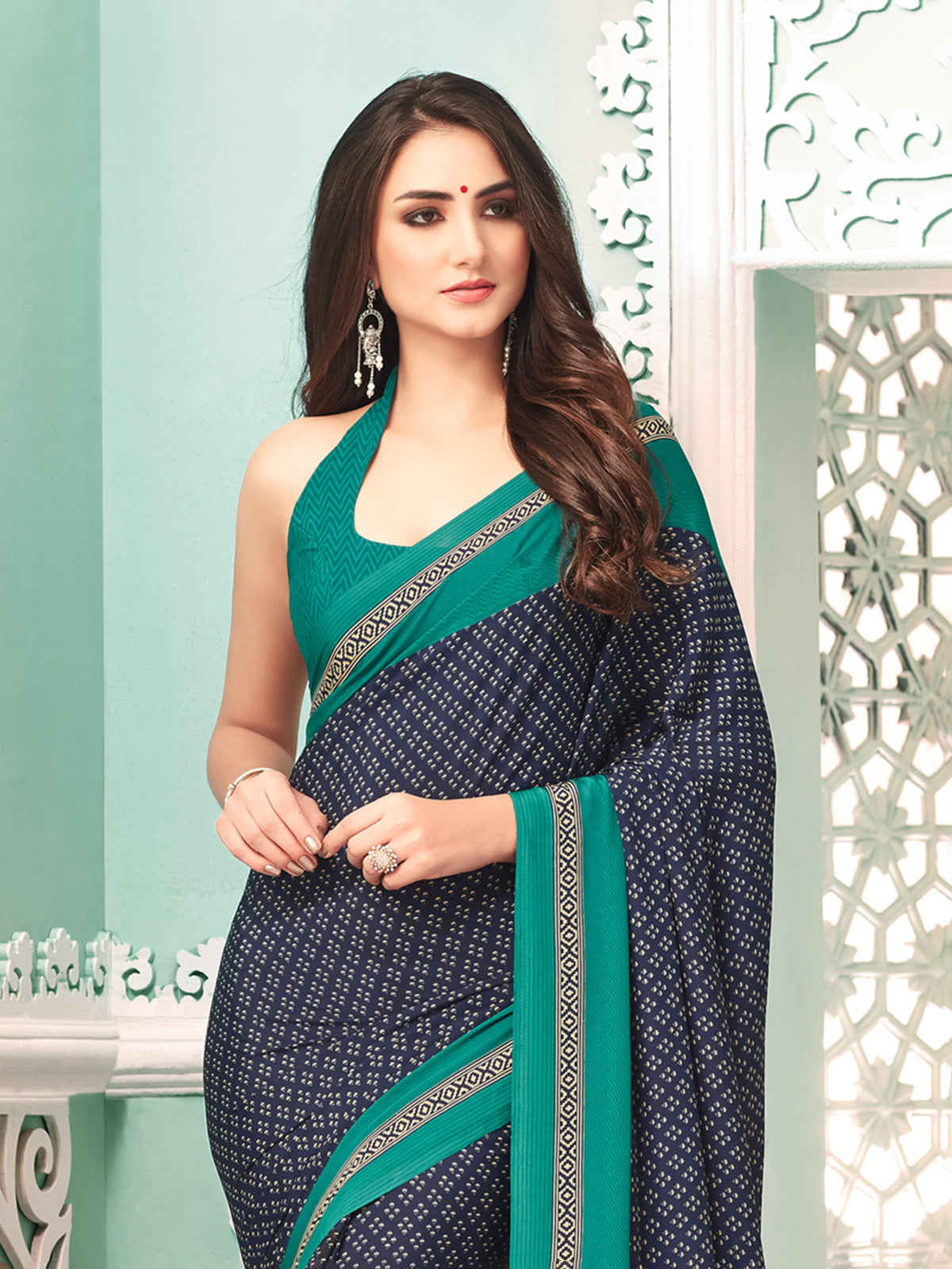 Navy and green crepe silk stylish saree with contrast border