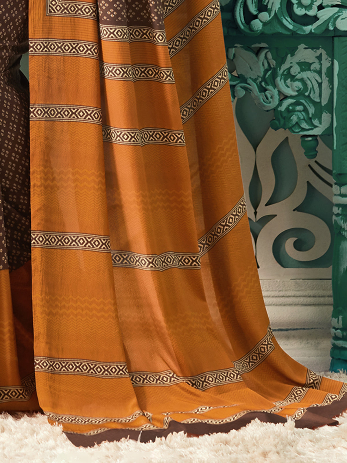 Brown and rust orange crepe silk designer printed everyday saree