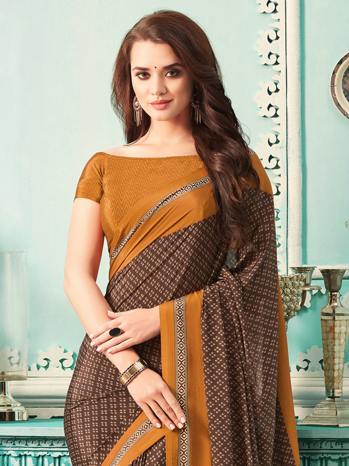 Brown and rust orange crepe silk designer printed everyday saree