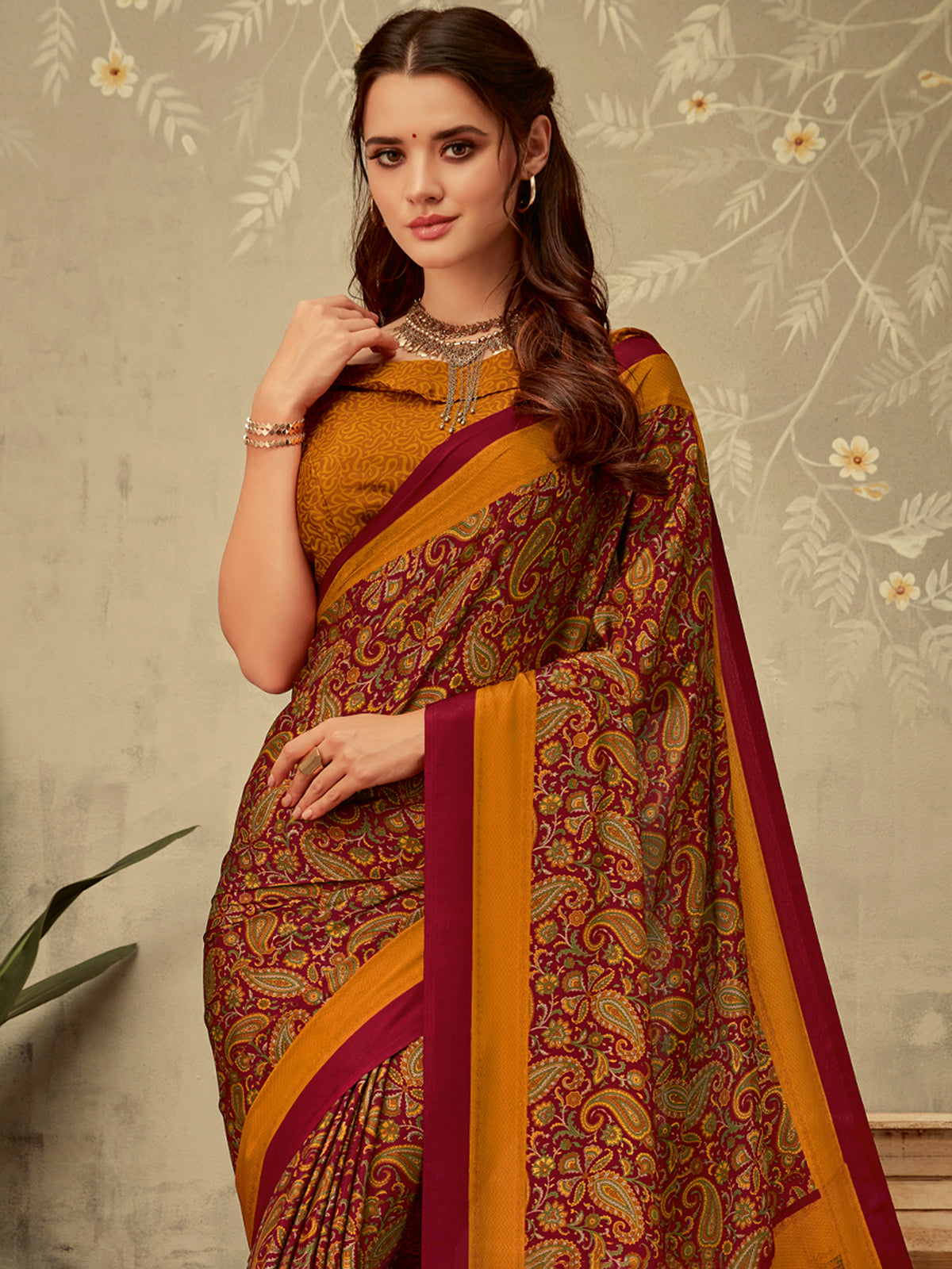 Wine and mustard yellow crepe silk elegant printed ethnic saree