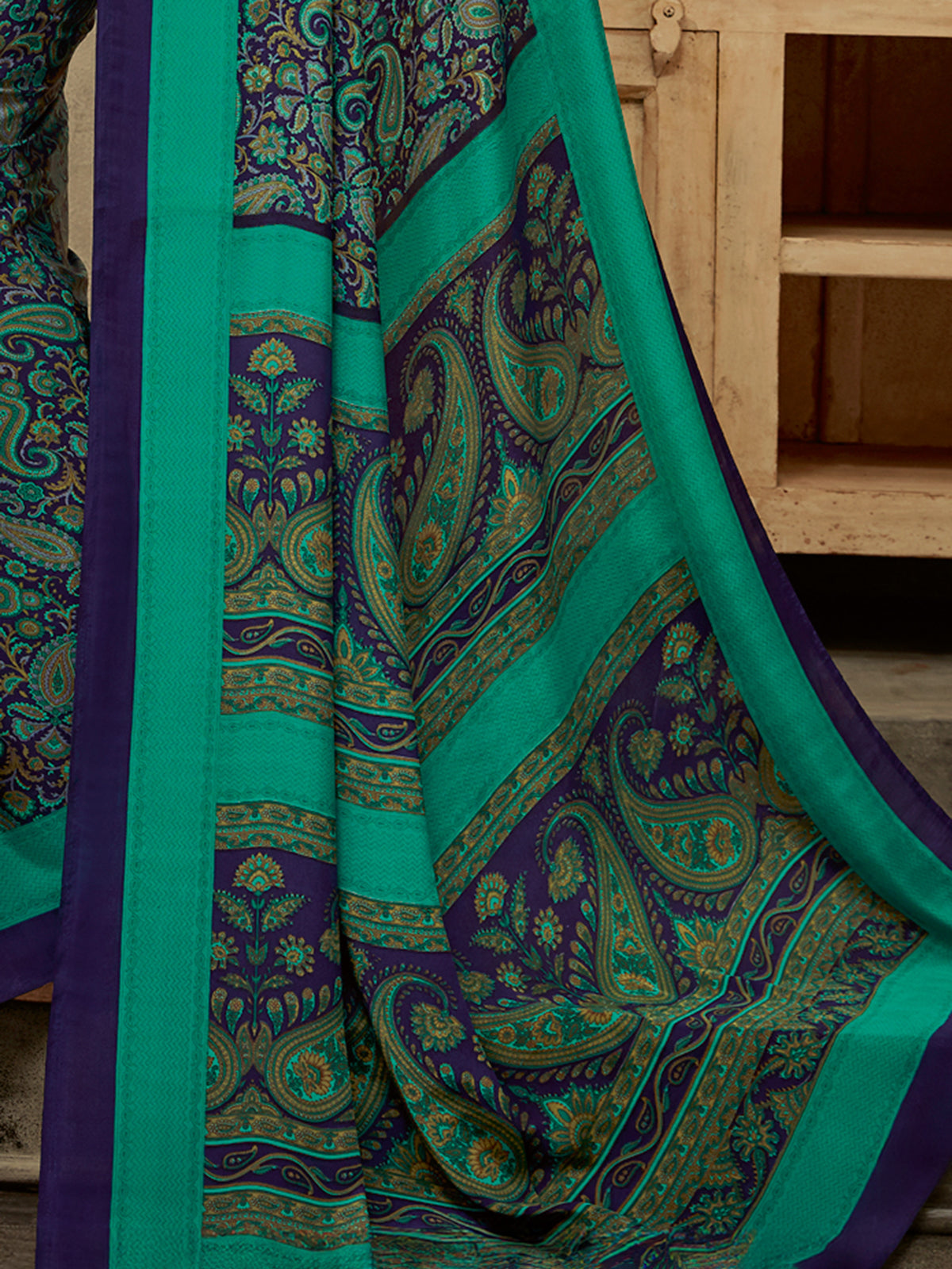 Green and purple crepe silk fashionable saree with contrast pallu