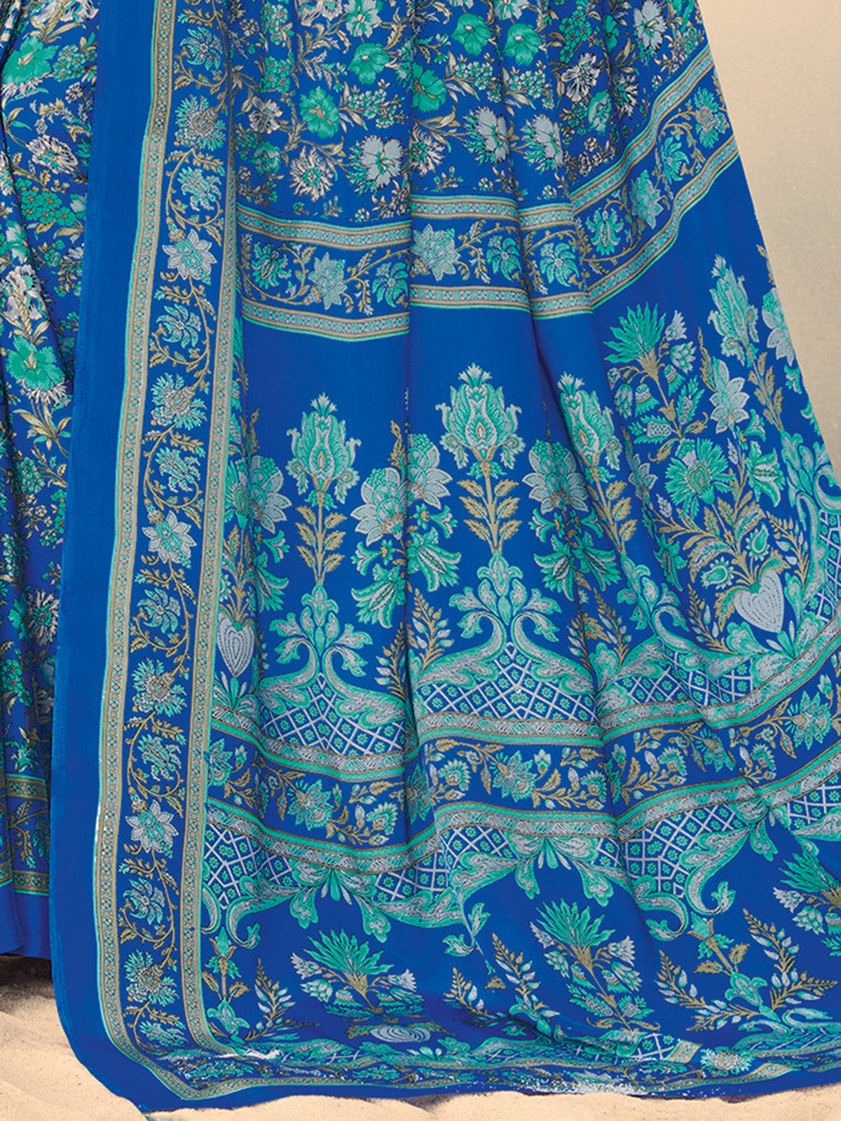 Bright blue floral crepe silk stylish casual saree for women