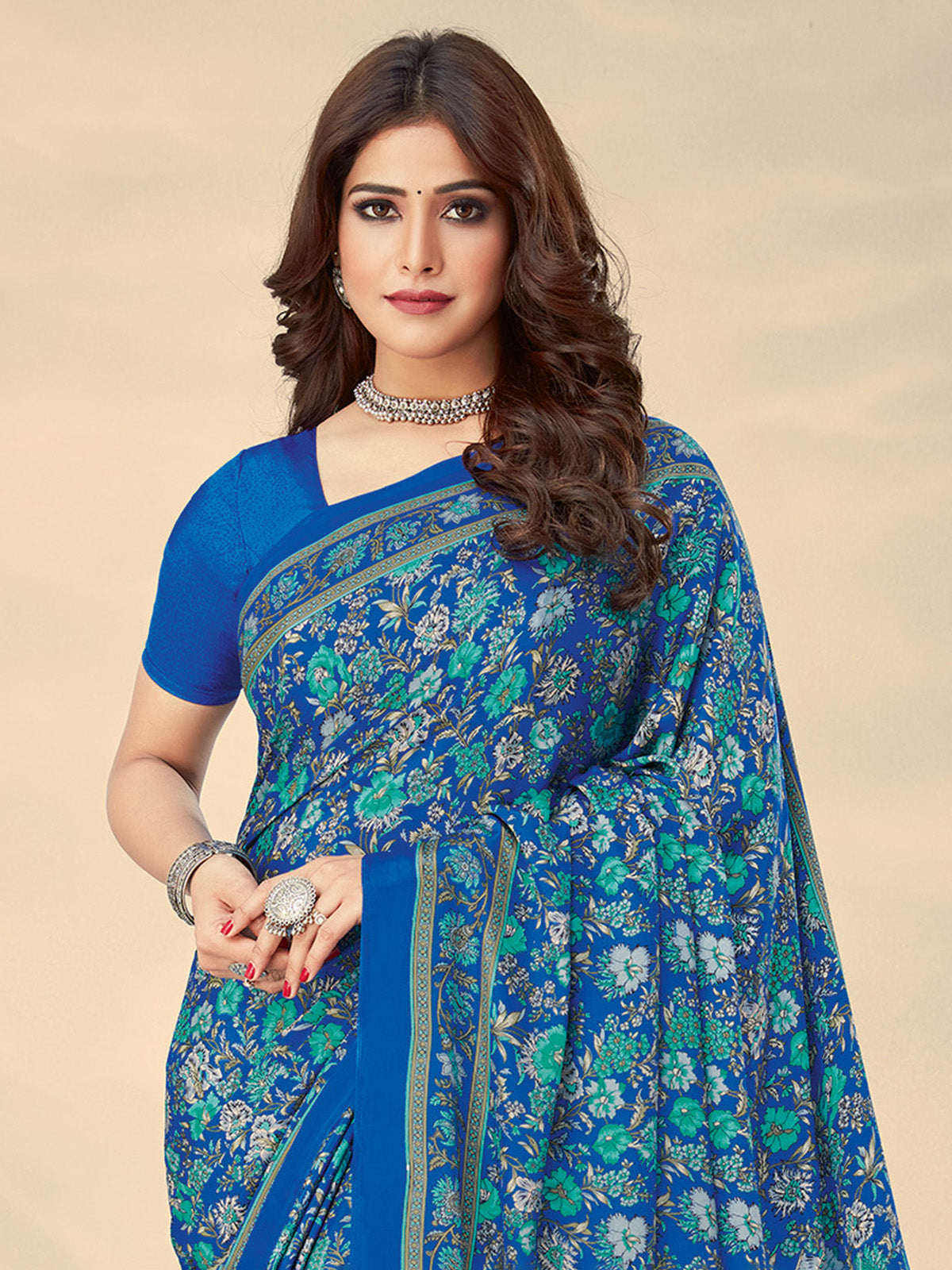 Bright blue floral crepe silk stylish casual saree for women