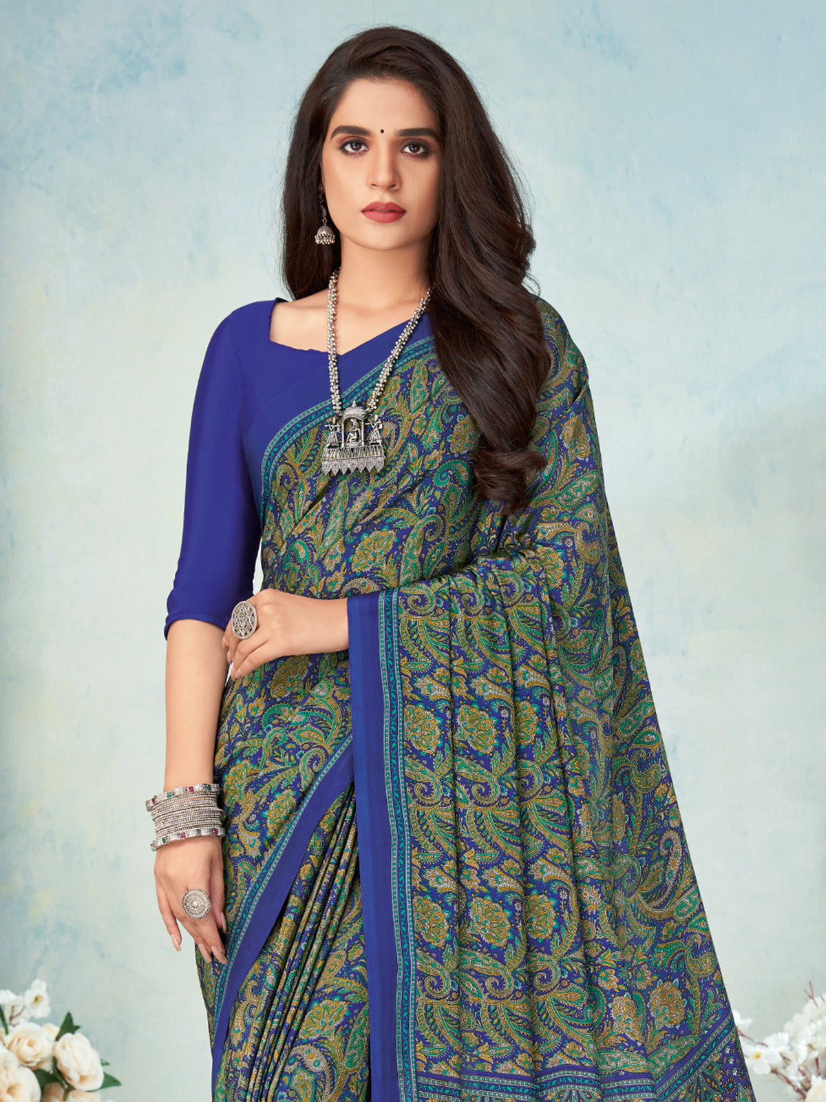 Royal blue crepe silk graceful printed saree with timeless appeal