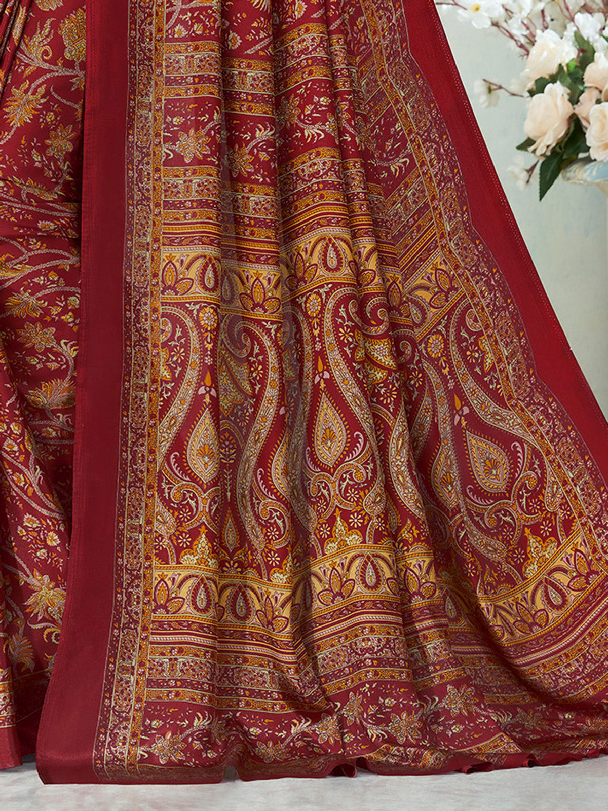 Maroon crepe silk designer printed saree for effortless daily elegance