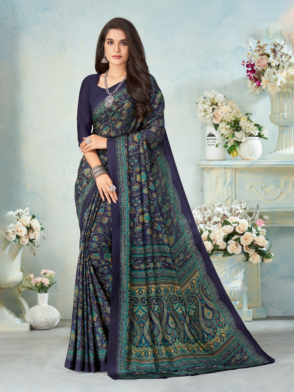 Navy crepe silk sophisticated printed saree for modern casual styling