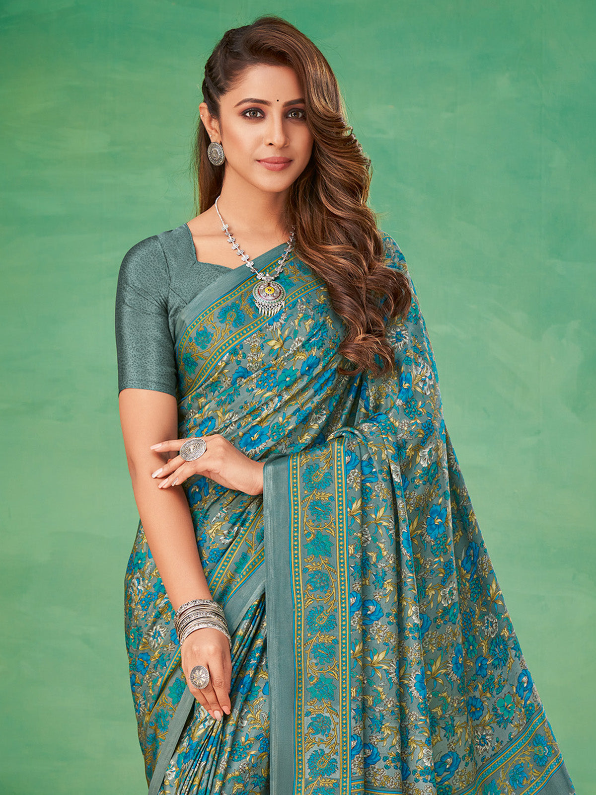 Grey floral printed crepe silk casual saree