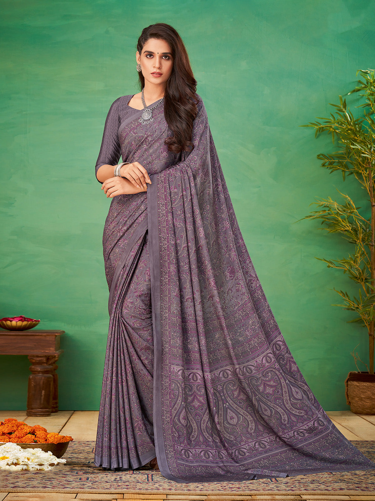 Dusty purple floral printed crepe silk casual saree