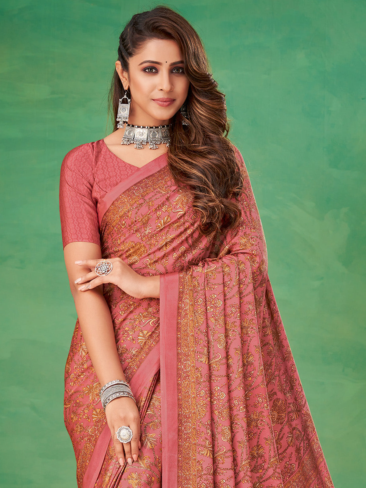 Pink floral printed crepe silk casual saree