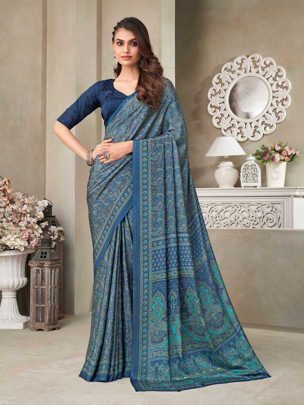 Blue floral printed crepe silk casual saree