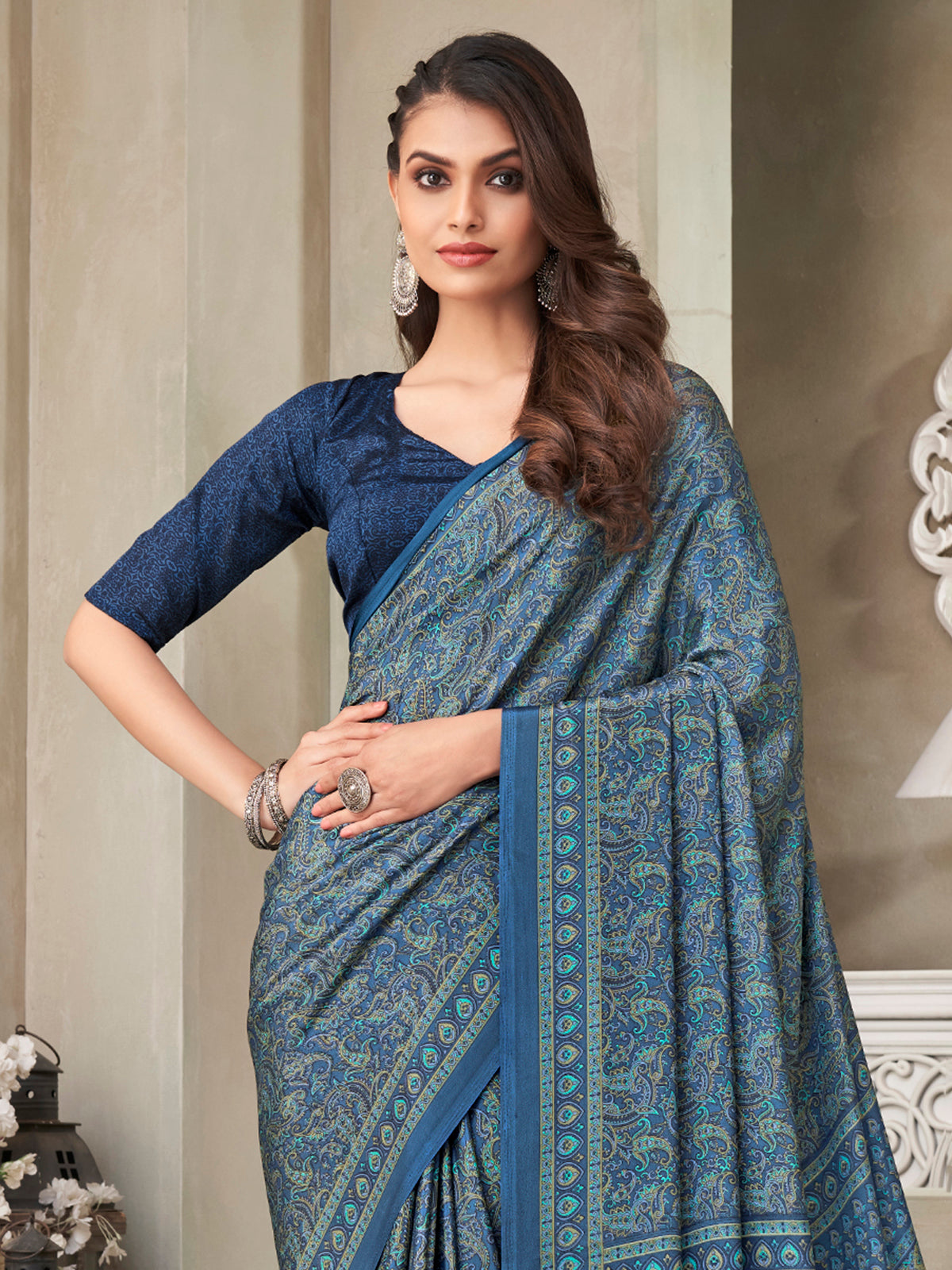 Blue floral printed crepe silk casual saree
