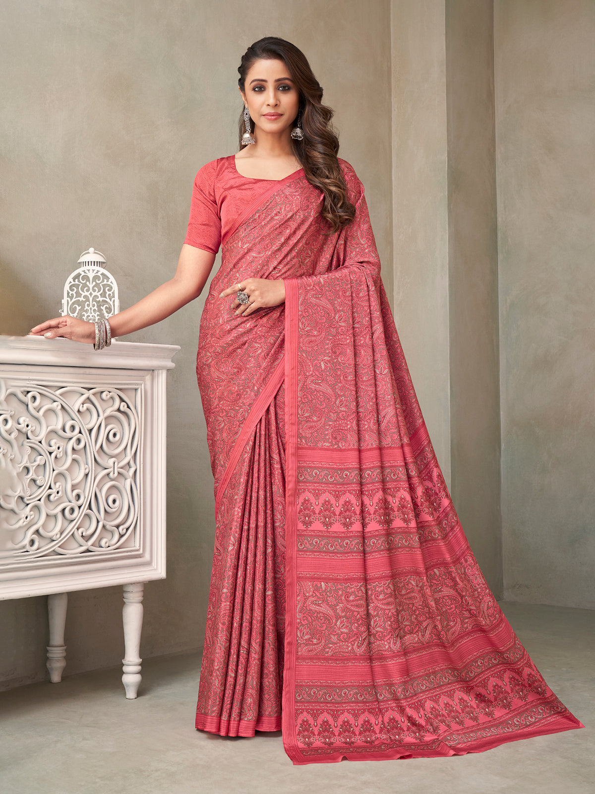 Pink floral printed crepe silk casual saree for women