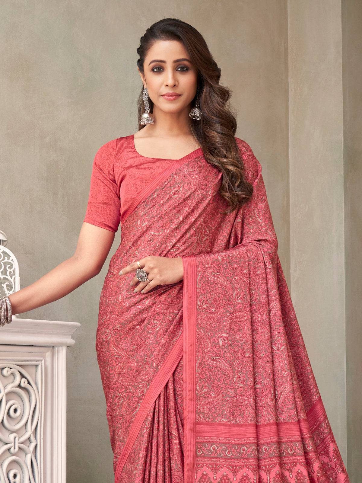 Pink floral printed crepe silk casual saree for women