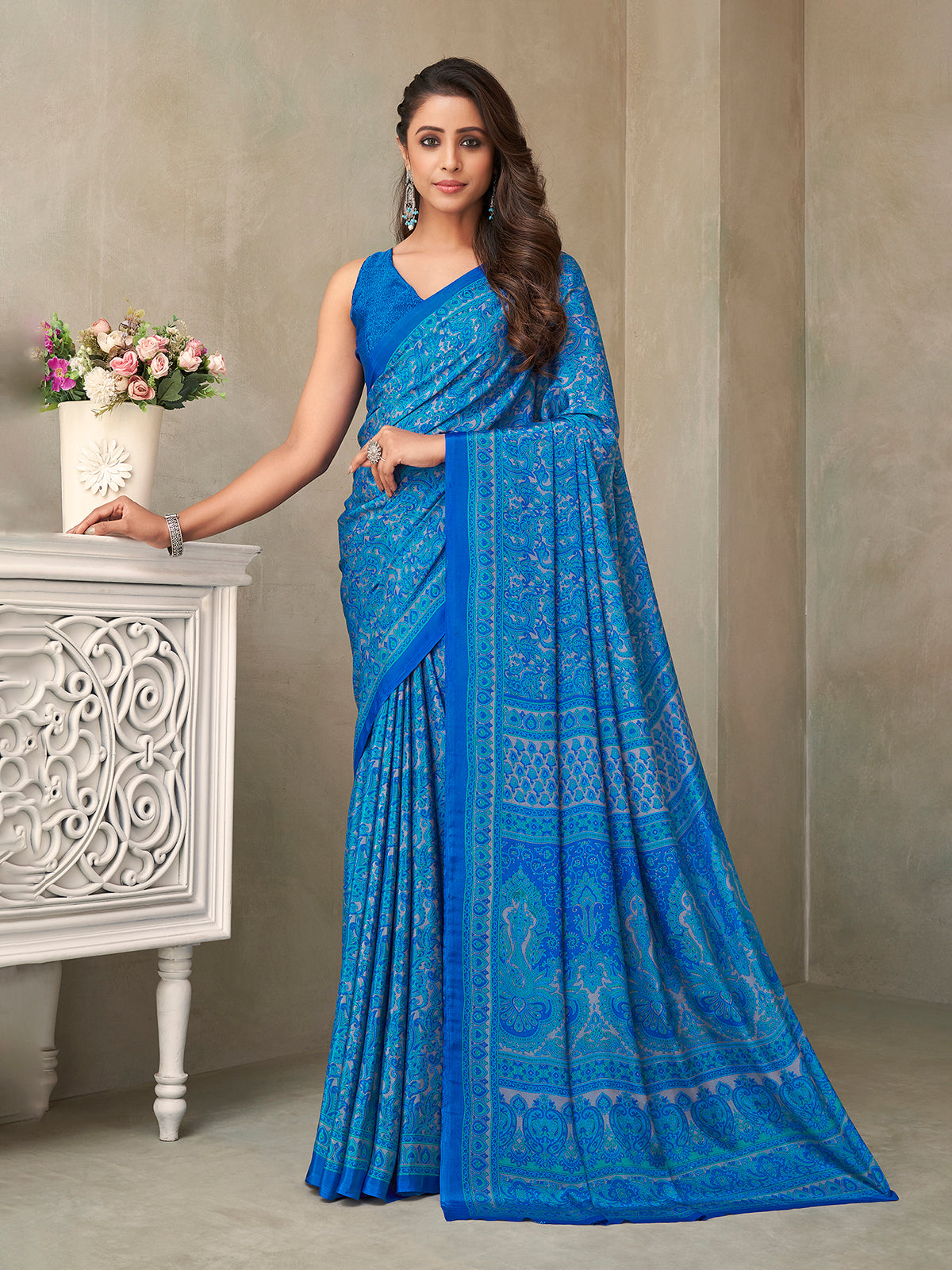 Blue floral printed crepe silk casual saree for women