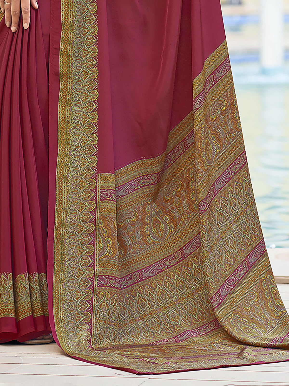 Brown printed crepe silk casual saree with contrast border and pallu