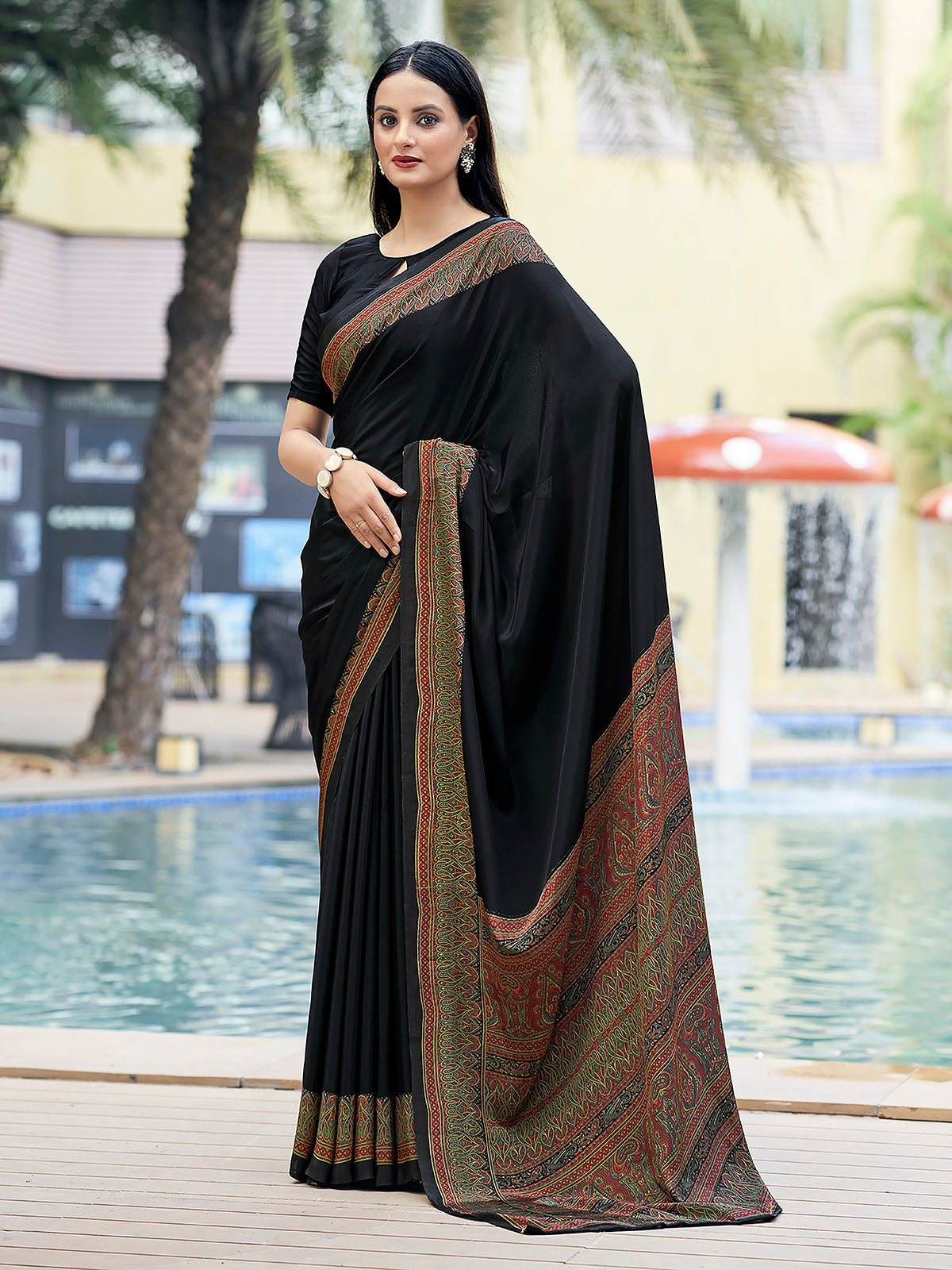 Black printed crepe silk casual saree with contrast border and pallu